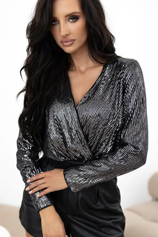 Chic sable sequin wrap bodysuit | elegant evening wear