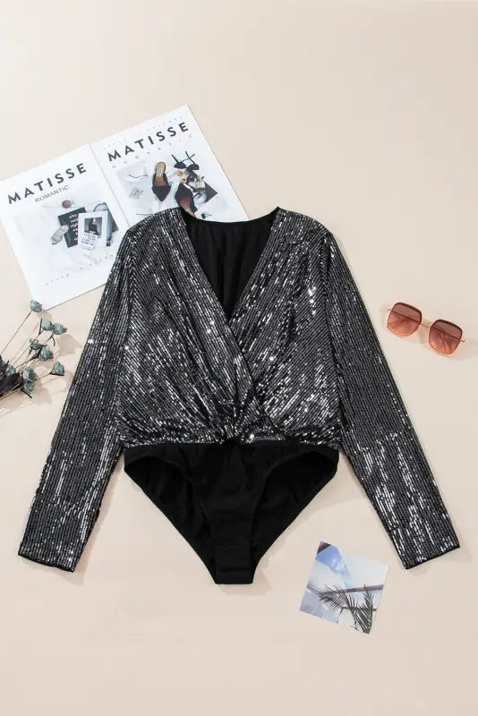 Chic sable sequin wrap bodysuit | elegant evening wear