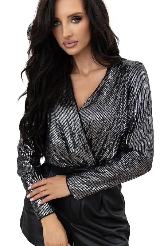 Chic sable sequin wrap bodysuit | elegant evening wear