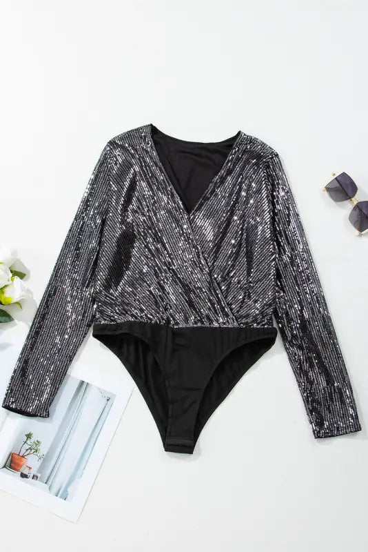 Chic sable sequin wrap bodysuit | elegant evening wear