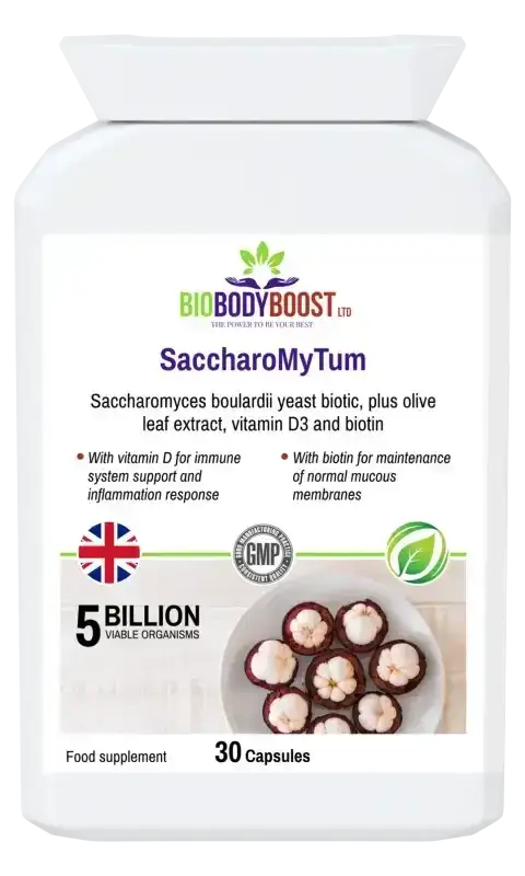 SaccharoMyTum Vegan Probiotics with Vitamin D3 — Saccharomyces boulardii 5 billion CFU with vitamin D3, 30 capsules, BioBodyBoost UK