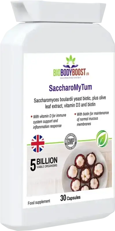 SaccharoMyTum front-angle view highlighting 5 billion CFU Saccharomyces probiotic with immune vitamin D3