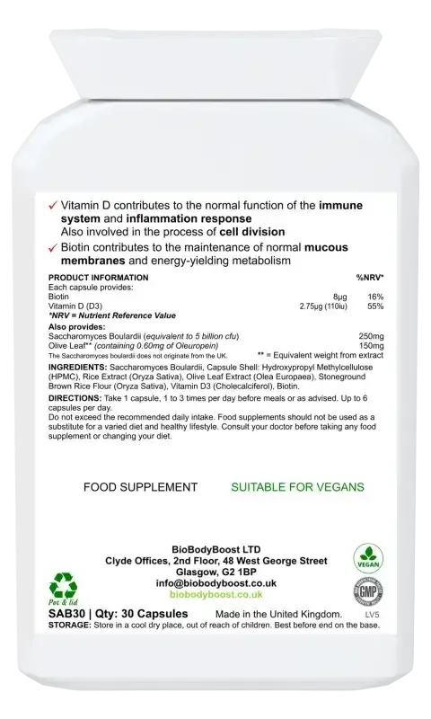 Back label of SaccharoMyTum showing Saccharomyces boulardii probiotic and vitamin D3 content with dosage guide
