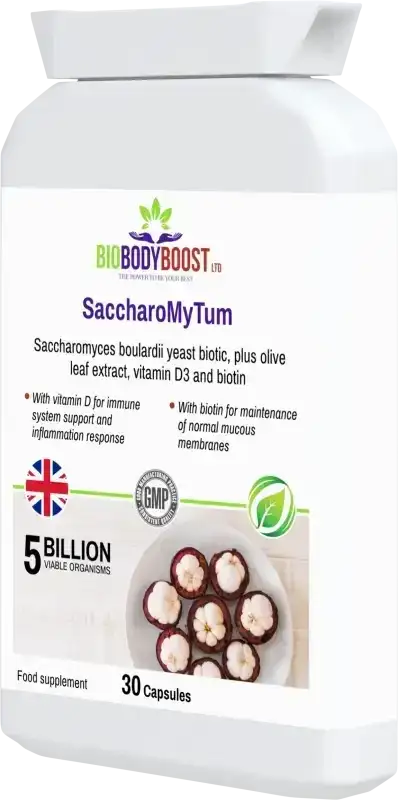 SaccharoMyTum angled view — Saccharomyces boulardii probiotic with vitamin D3 for gut and immune health, BioBodyBoost UK