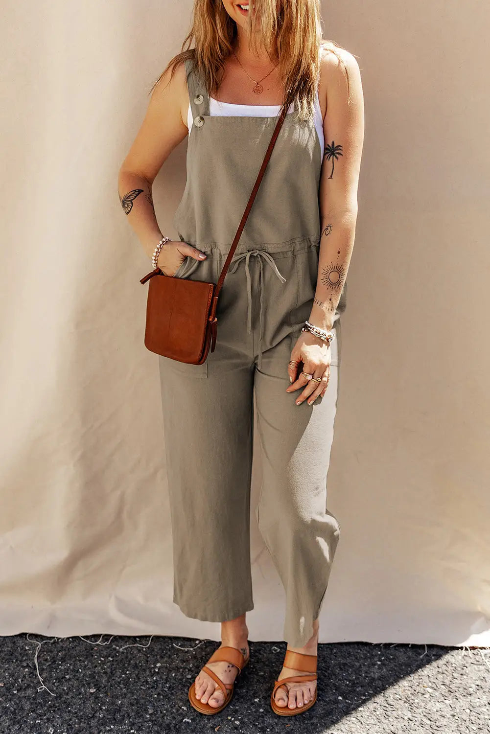 Sage green buttoned cropped jumpsuit - jumpsuits