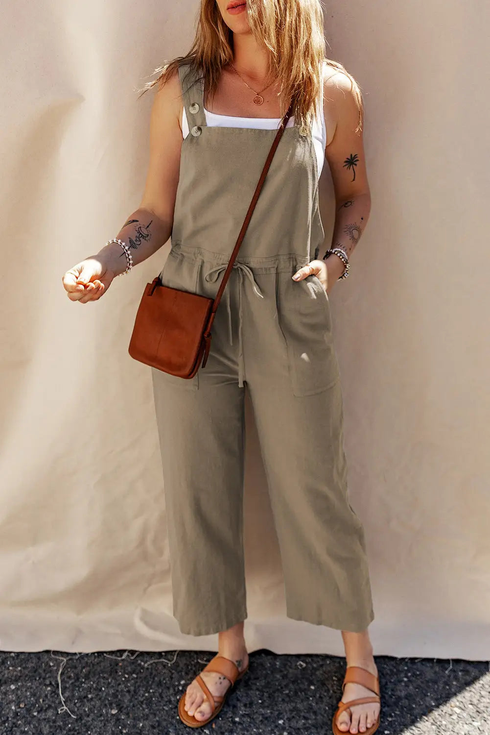 Sage green buttoned cropped jumpsuit - s / 50% viscose + 30% linen + 17% polyester + 3% cotton - jumpsuits