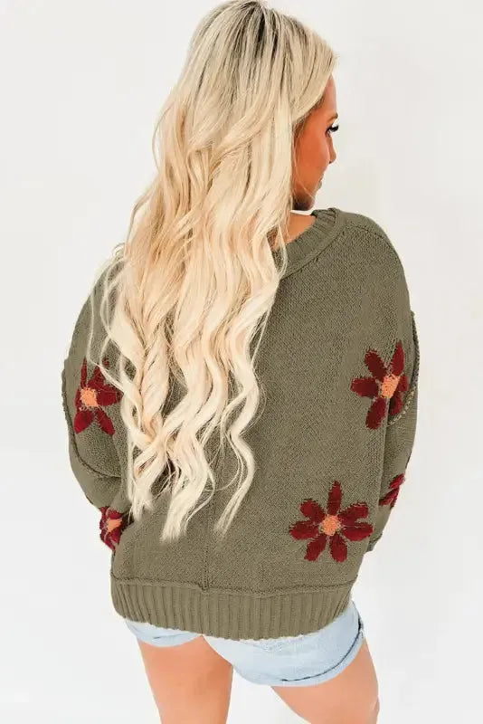 Sage Green Flower Knit Ribbed Trim V Neck Sweater - Fashionfitz