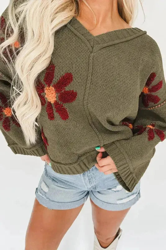 Sage Green Flower Knit Ribbed Trim V Neck Sweater - Fashionfitz