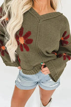 Sage Green Flower Knit Ribbed Trim V Neck Sweater - Fashionfitz