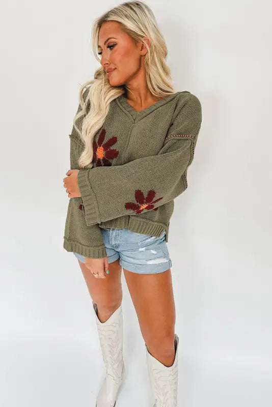 Sage green flower knit ribbed trim v neck sweater - sweaters & cardigans