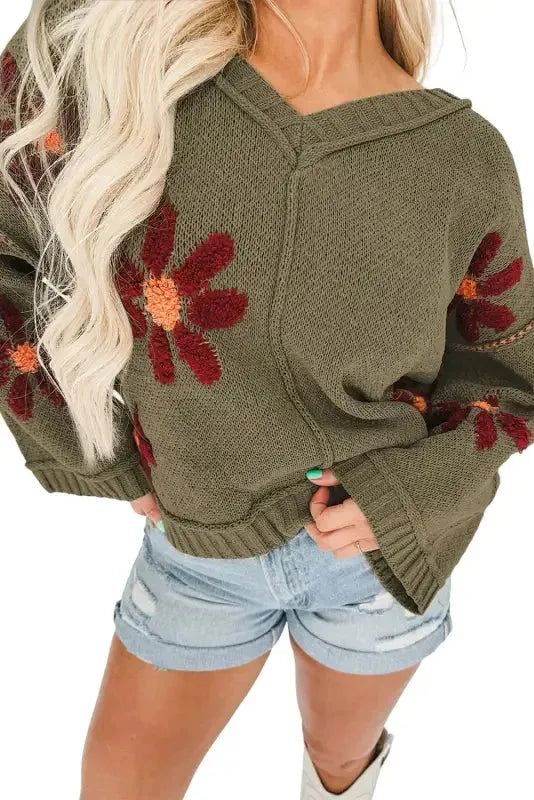 Sage Green Flower Knit Ribbed Trim V Neck Sweater - Fashionfitz