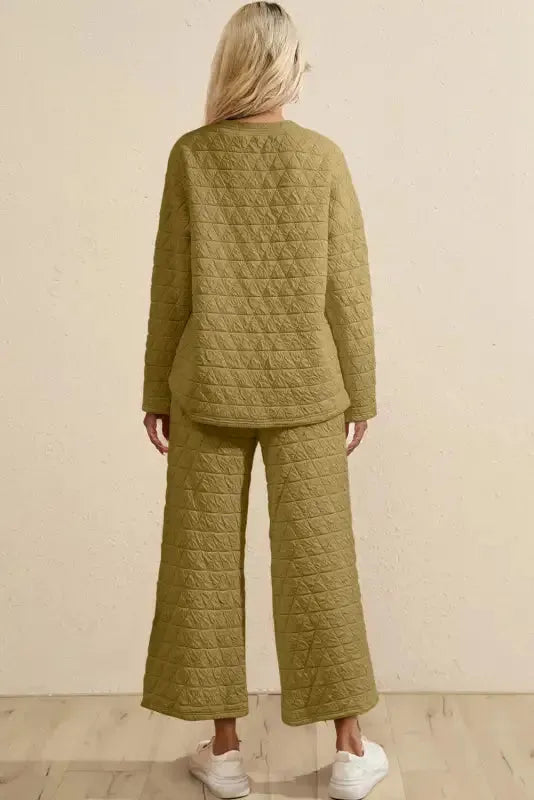 Sage Green Solid Quilted Pullover and Pants Outfit - Fashionfitz