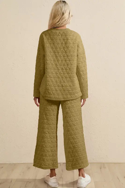 Sage green solid quilted pullover and pants outfit - loungewear