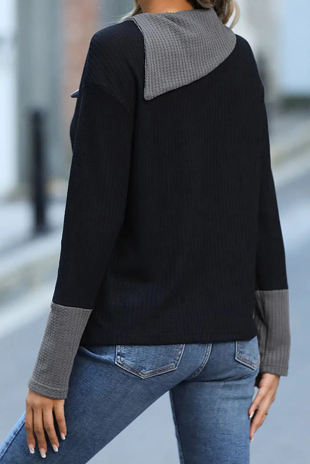 Sail waffle knit patchwork colorblock asymmetrical neck top - long sleeve tops