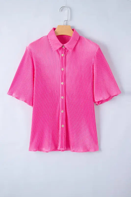 Satin shirt - bright pink pleated short sleeve - shirts