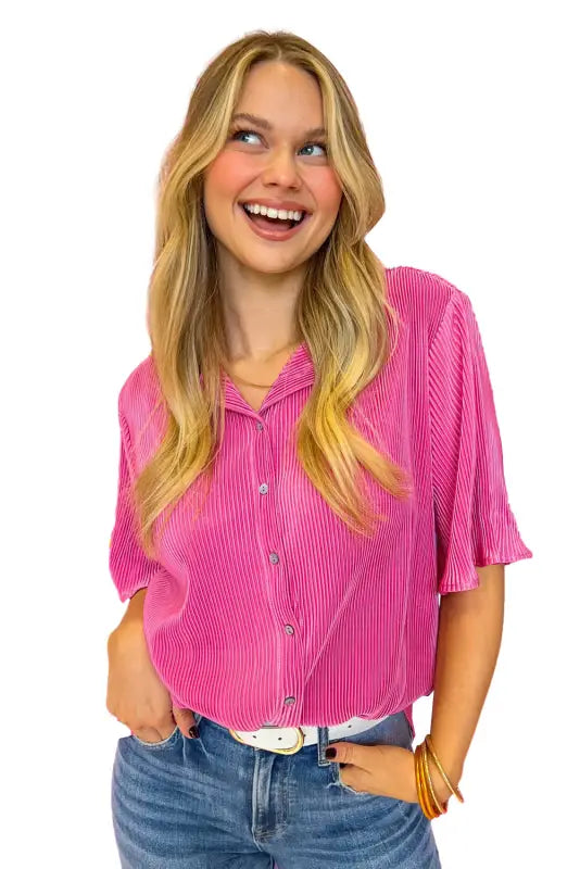 Satin shirt - bright pink pleated short sleeve - shirts