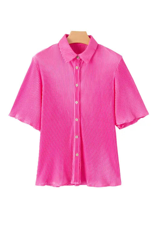 Satin shirt - bright pink pleated short sleeve - shirts