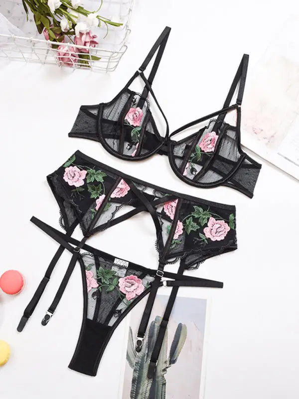 Say my name mesh 3 pieces garter lingerie set - black / s - sets