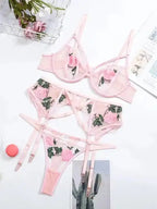 Pink Say My Name - Mesh 3-Pieces Garter Lingerie Set with sheer floral mesh, adjustable garter straps, and matching bra and thong ensemble.