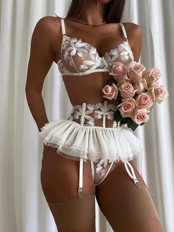 Say yes 3 piece lace garter lingerie set - sets