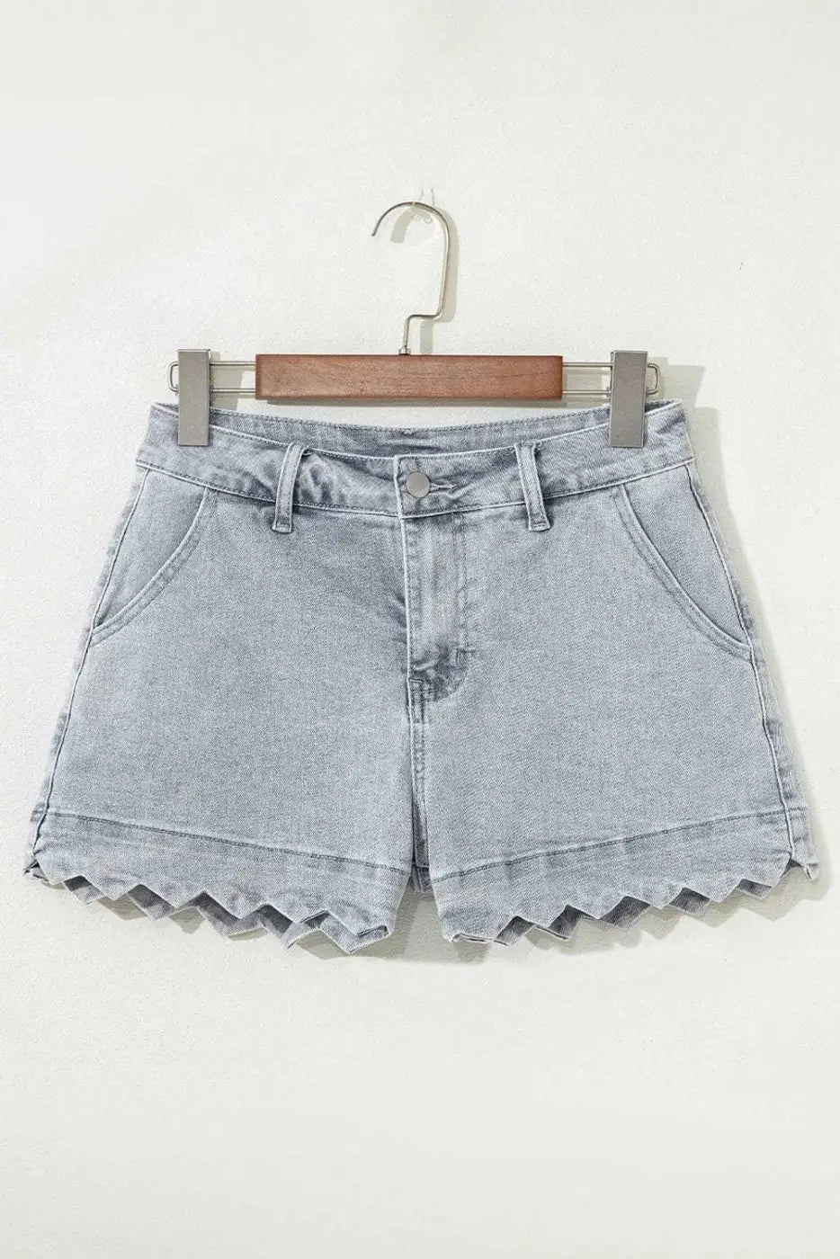 Denim Shorts Scalloped Hemline Denim Shorts