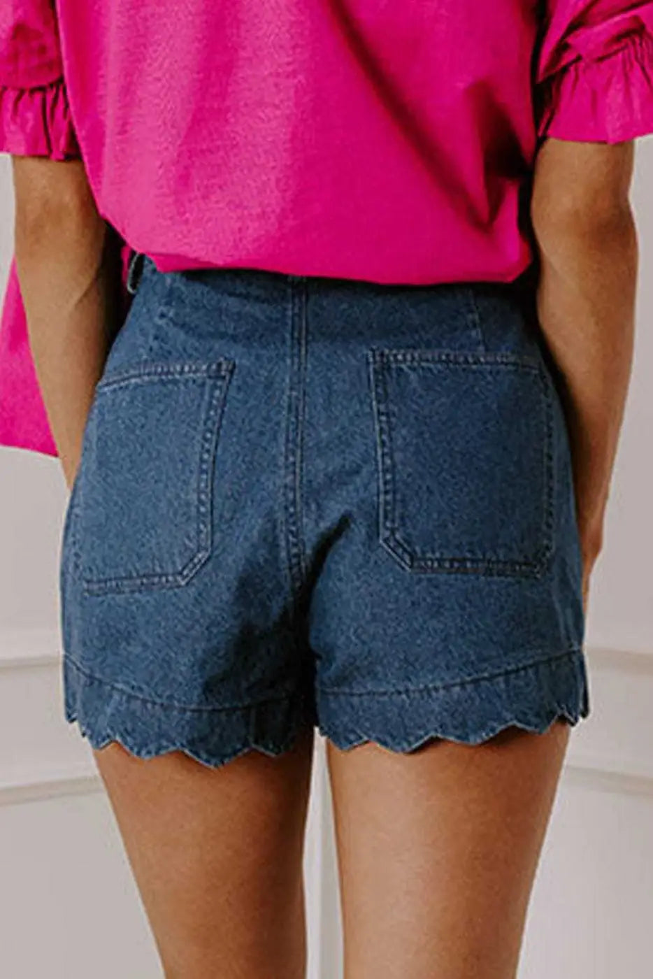 Denim Shorts Scalloped Hemline Denim Shorts