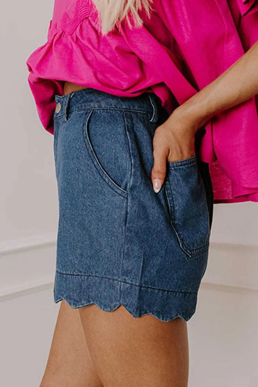 Denim Shorts Scalloped Hemline Denim Shorts