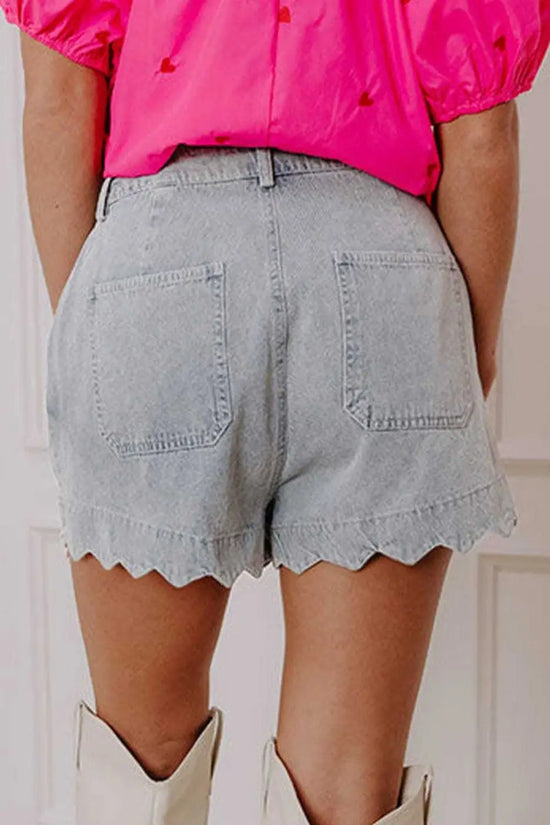 Denim Shorts Scalloped Hemline Denim Shorts