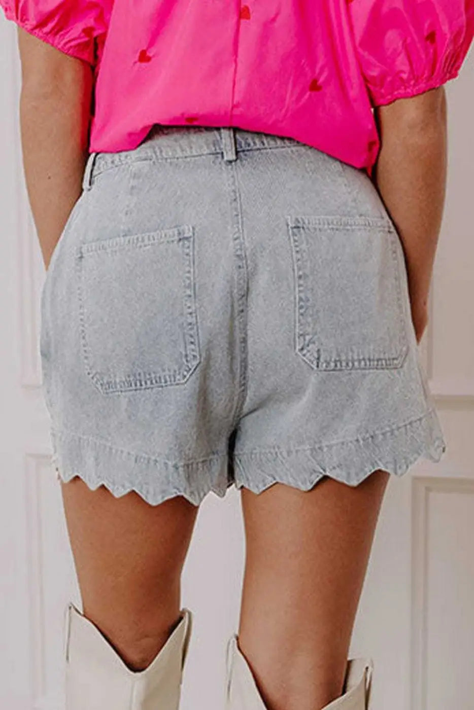 Denim Shorts Scalloped Hemline Denim Shorts