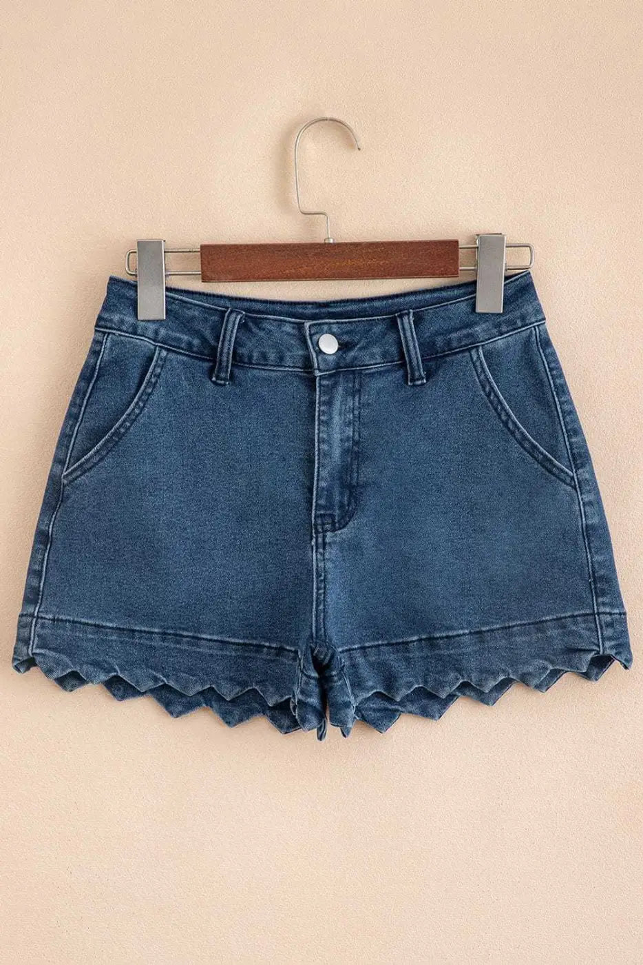 Denim Shorts Scalloped Hemline Denim Shorts