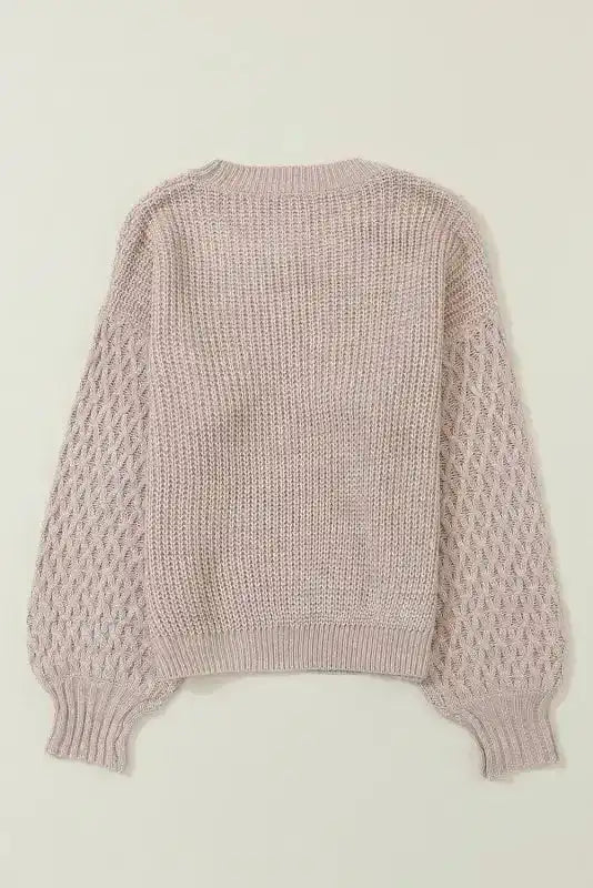 Back flat lay of Beige Cable Knit Sleeve Drop Shoulder Sweater highlighting the drop shoulder and textured knit pattern.