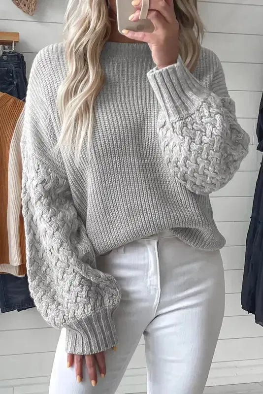 Sea Green Cable Knit Sleeve Drop Shoulder Sweater - Fashionfitz