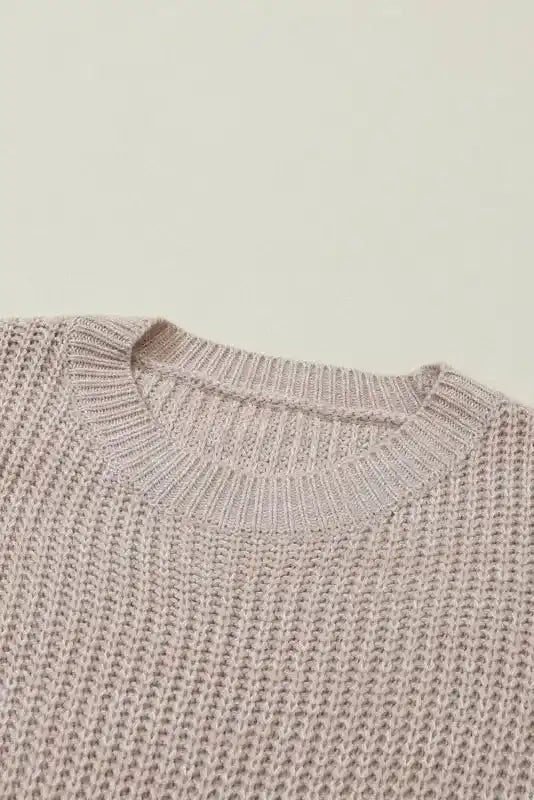 Close-up of neckline on Beige Cable Knit Sleeve Drop Shoulder Sweater showing ribbed collar and soft knit texture.
