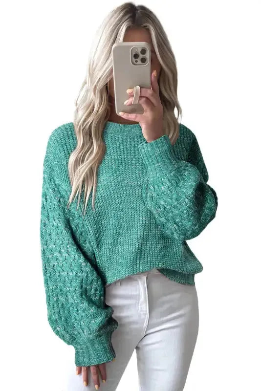 Sea Green Cable Knit Sleeve Drop Shoulder Sweater - Fashionfitz