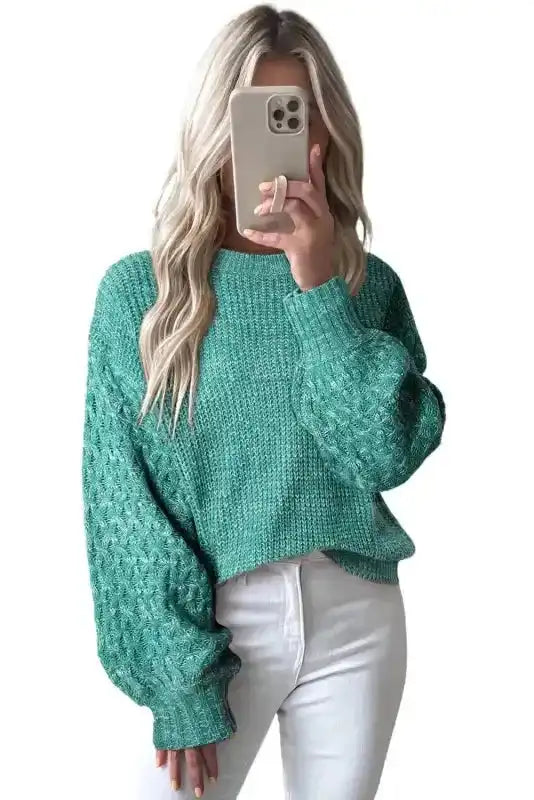 Front-facing Sea Green Cable Knit Sleeve Drop Shoulder Sweater on model, showcasing solid color and casual winter style.