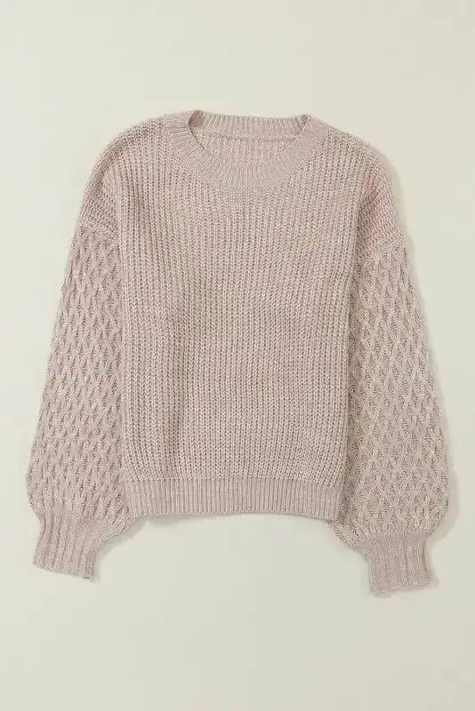 Flat lay of Beige Cable Knit Sleeve Drop Shoulder Sweater showing full design and cable-knit sleeves, perfect for winter wardrobe.