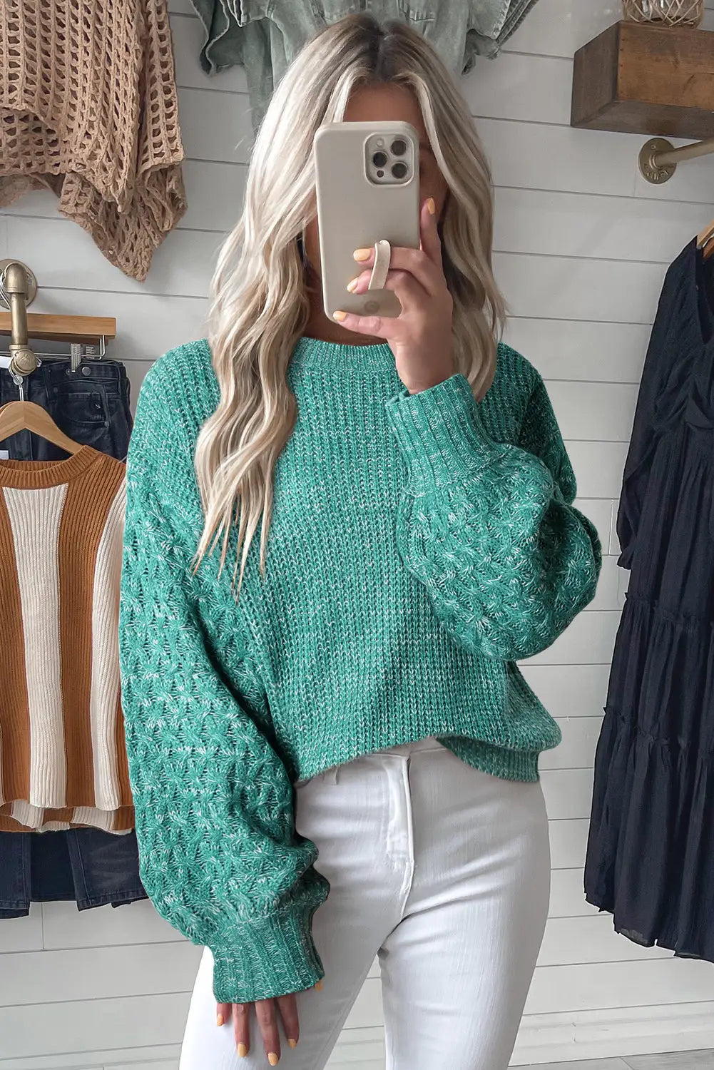 Sea green cable knit sleeve drop shoulder sweater - sweaters & cardigans