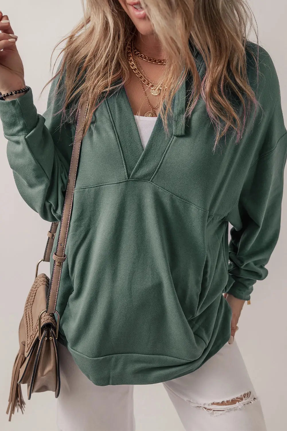 Sea green casual v neck drawstring hoodie - s / 85% polyester + 10% cotton + 5% elastane - sweatshits & hoodies