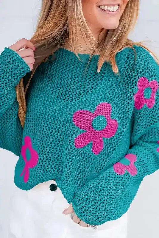 Sea Green Floral Sweater - Hollowed Knit - Fashionfitz