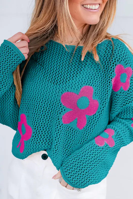 Sea green floral sweater - teal hollowed knit with pink flower designs for relaxed style