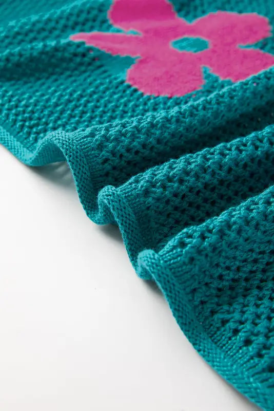 Sea green floral sweater - teal hollowed knit fabric with pink flower appliqué detail