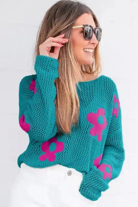 Sea Green Floral Sweater - Hollowed Knit - Fashionfitz