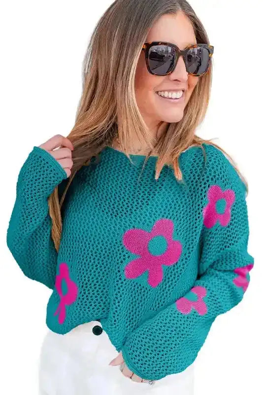 Sea Green Floral Sweater - Hollowed Knit - Fashionfitz