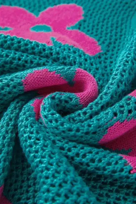 Sea Green Floral Sweater - Hollowed Knit - Fashionfitz