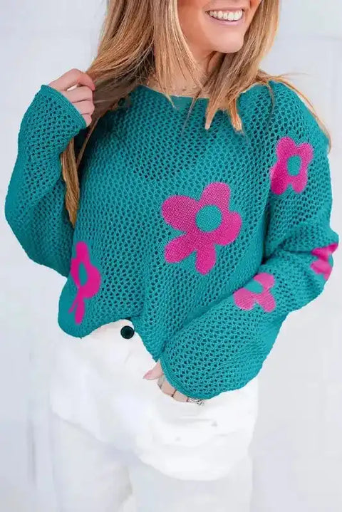 Sea Green Floral Sweater - Hollowed Knit - Fashionfitz