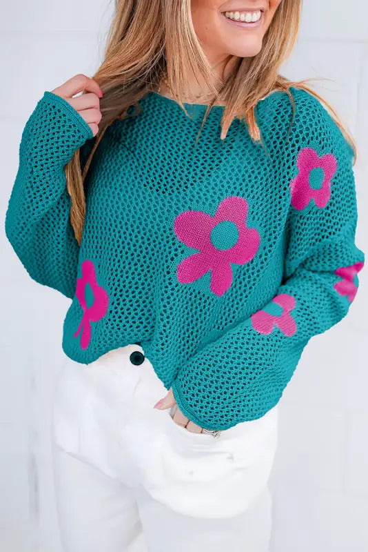 Sea green floral sweater - hollowed knit teal mesh with pink flowers, perfect to relax