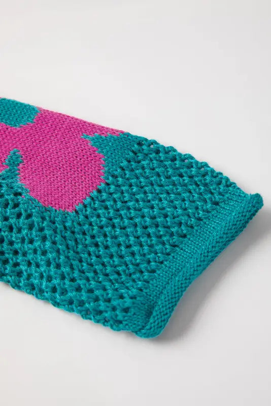 Sea green floral sweater - relax in teal and pink hollowed knit fabric