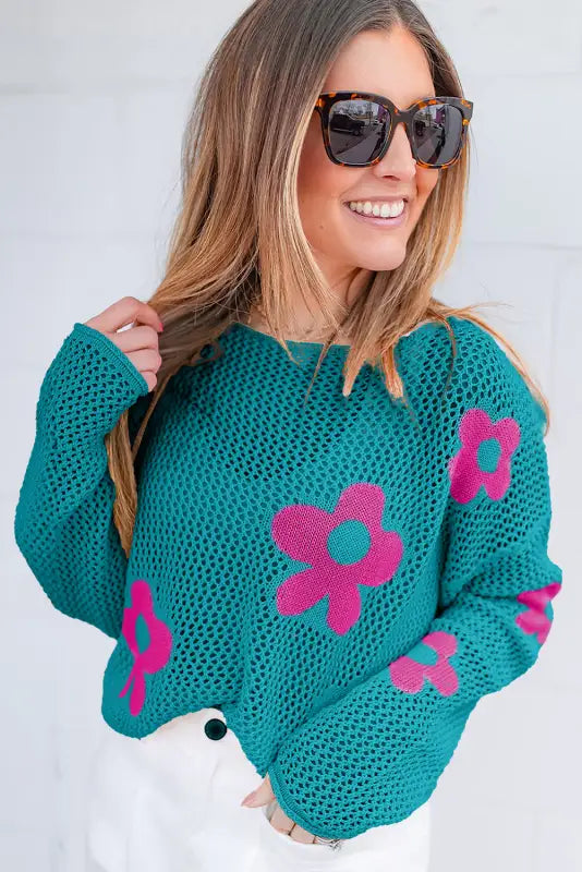 Sea green floral sweater - hollowed knit in teal mesh with bright pink floral designs. Relax relax