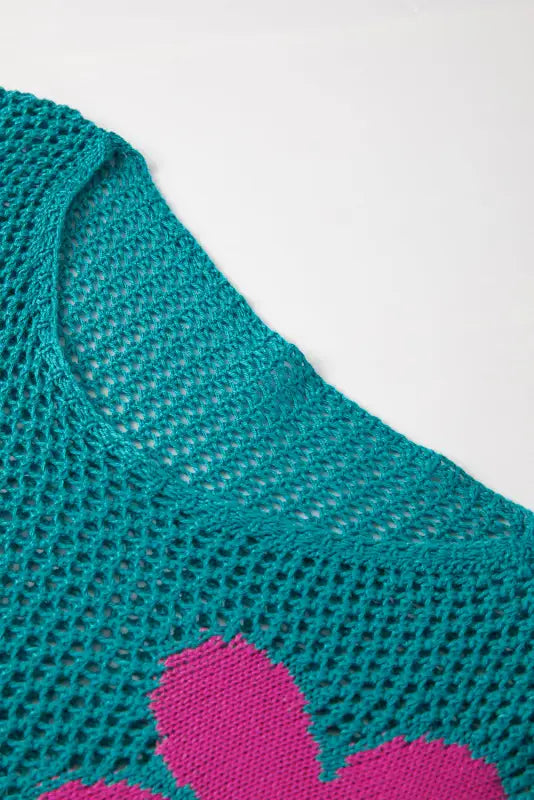 Sea green floral sweater - hollowed knit, teal with pink floral detailing for relaxation