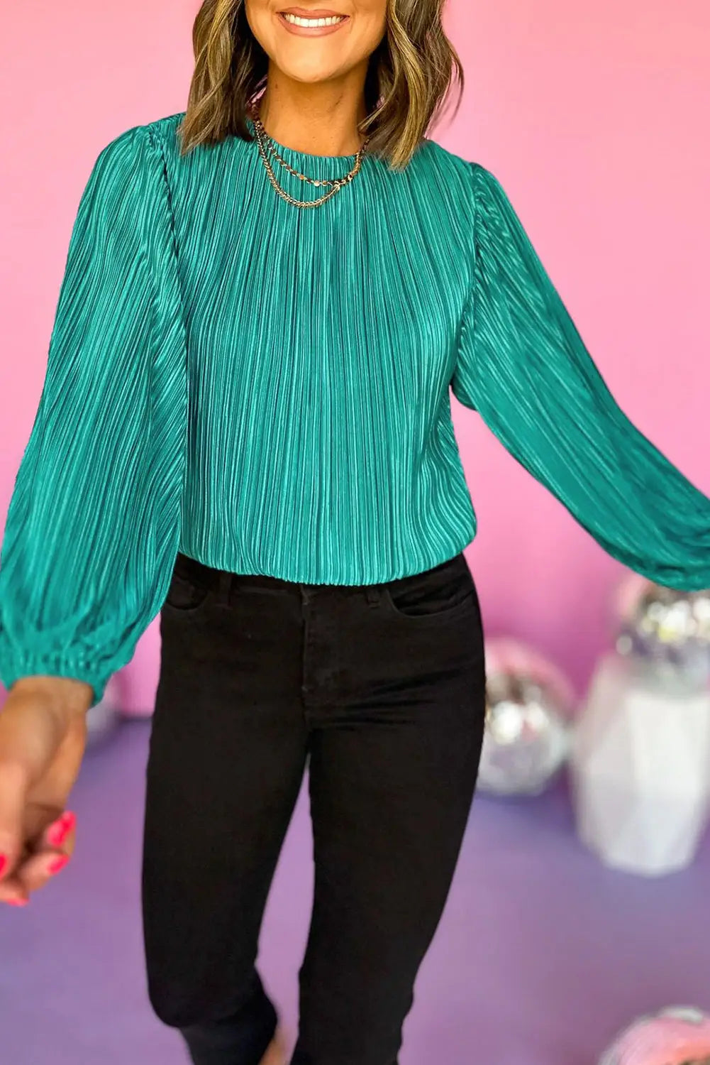 Sea green pleated luster long sleeve top - l / 100% polyester - tops